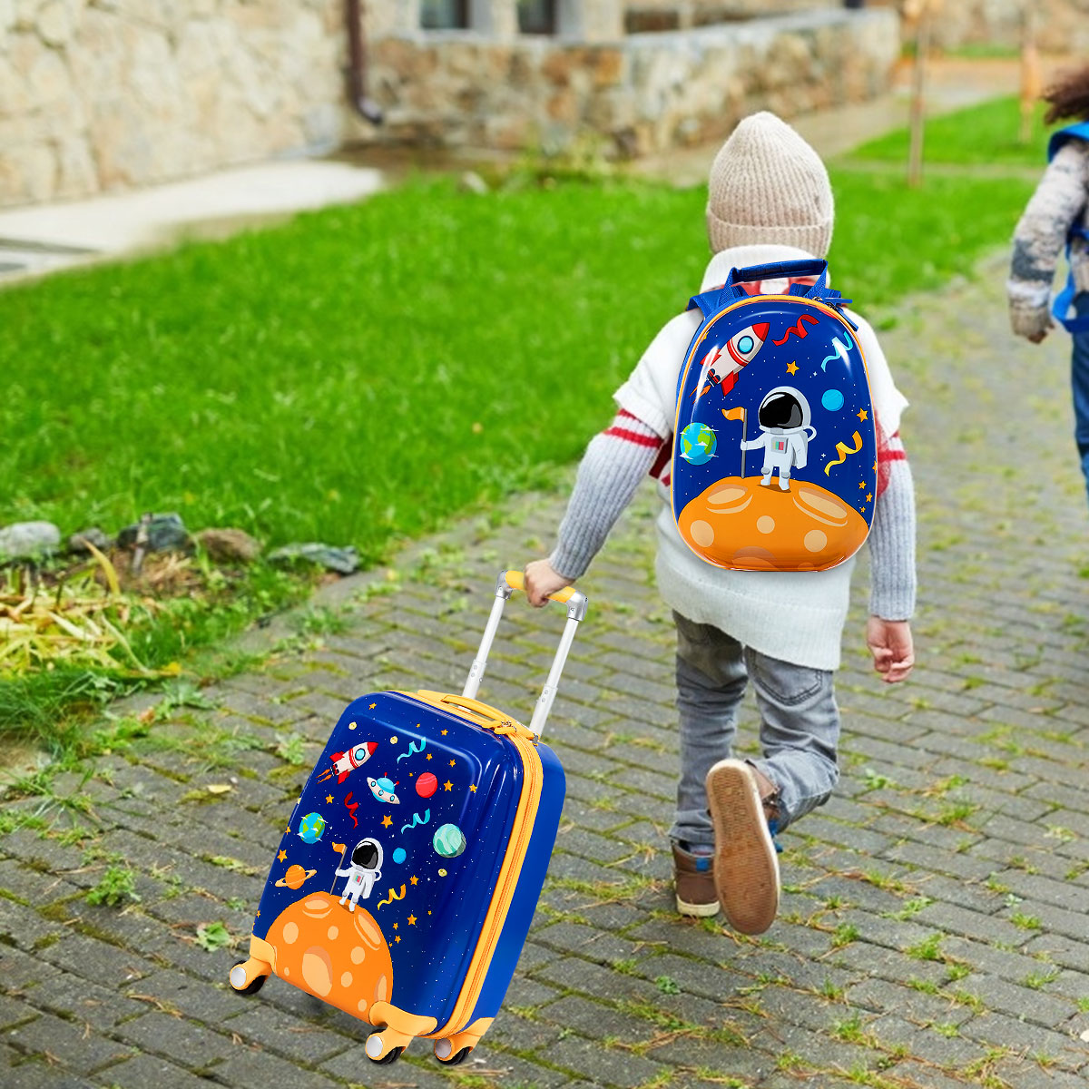 2tlg. Kinderkoffer + Rucksack aus Kunststoff Kindertrolley Kindergepäck Astronauten