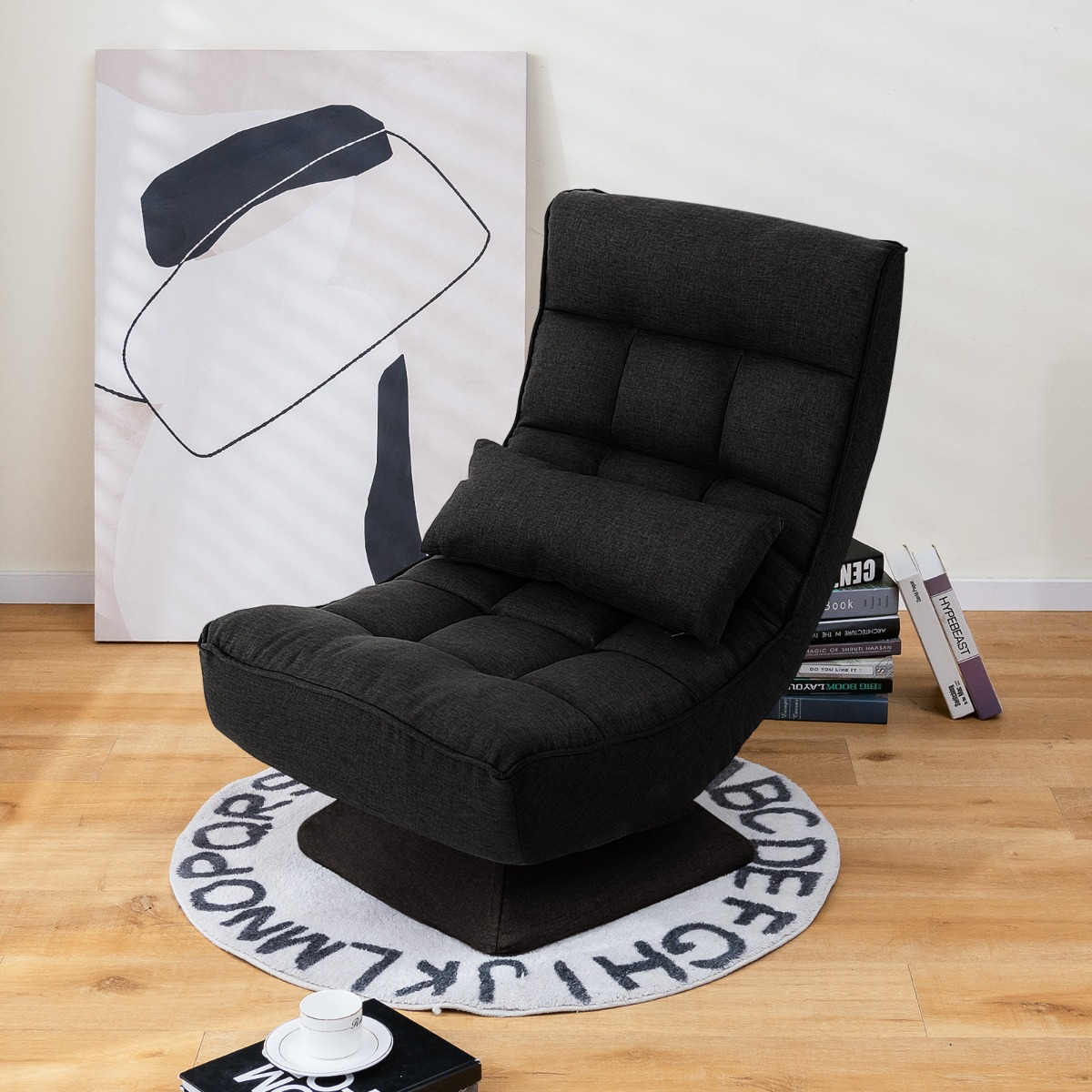 360° Drehbarer Bodensessel mit Rückenlehne & Lendenkissen Bodenstuhl Lazy Sofa Schwarz