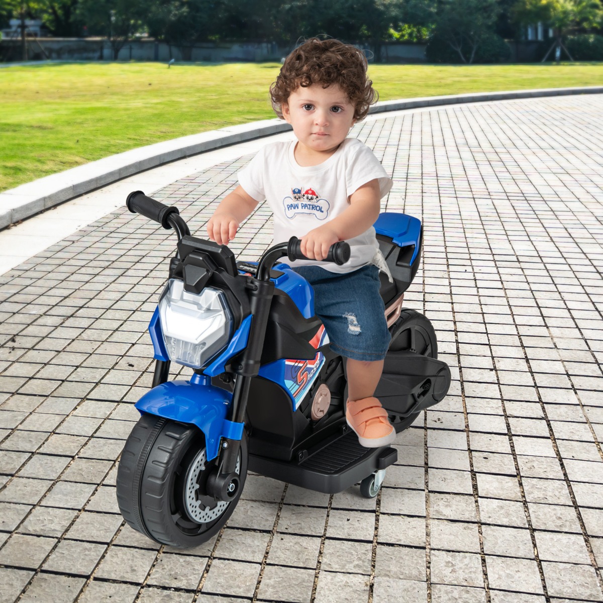 2-in-1 Kinder Elektro Motorrad mit abnehmbaren Stützrädern & Scheinwerfer & Musik & Hupe Blau 74 x 38 x 48 cm