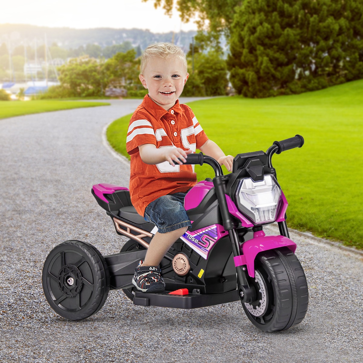 2-in-1 Kinder Elektro Motorrad mit abnehmbaren Stützrädern & Scheinwerfer & Musik & Hupe Rosa 74 x 38 x 48 cm