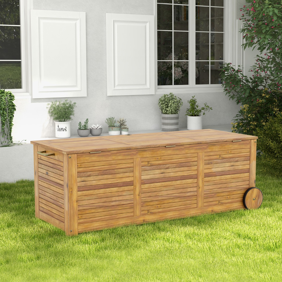 182L Gartenbox aus Holz auf Rollen mit Wasserfester Innentasche & Griff 127 x 50 x 45 cm