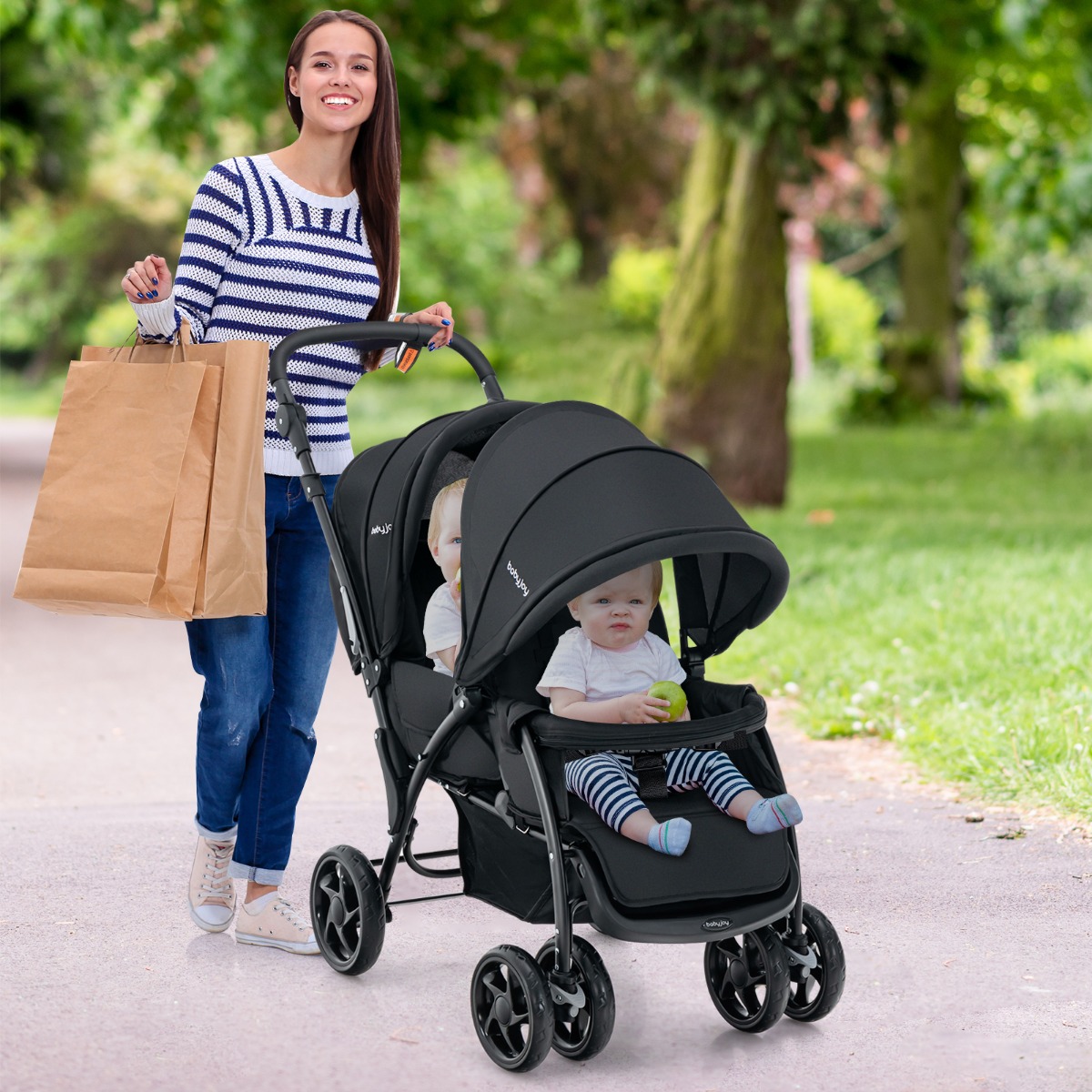 Geschwisterwagen klappbar Zwillingswagen mit verstellbarer Rückenlehne & Verdeck 30 kg Belastbar Schwarz