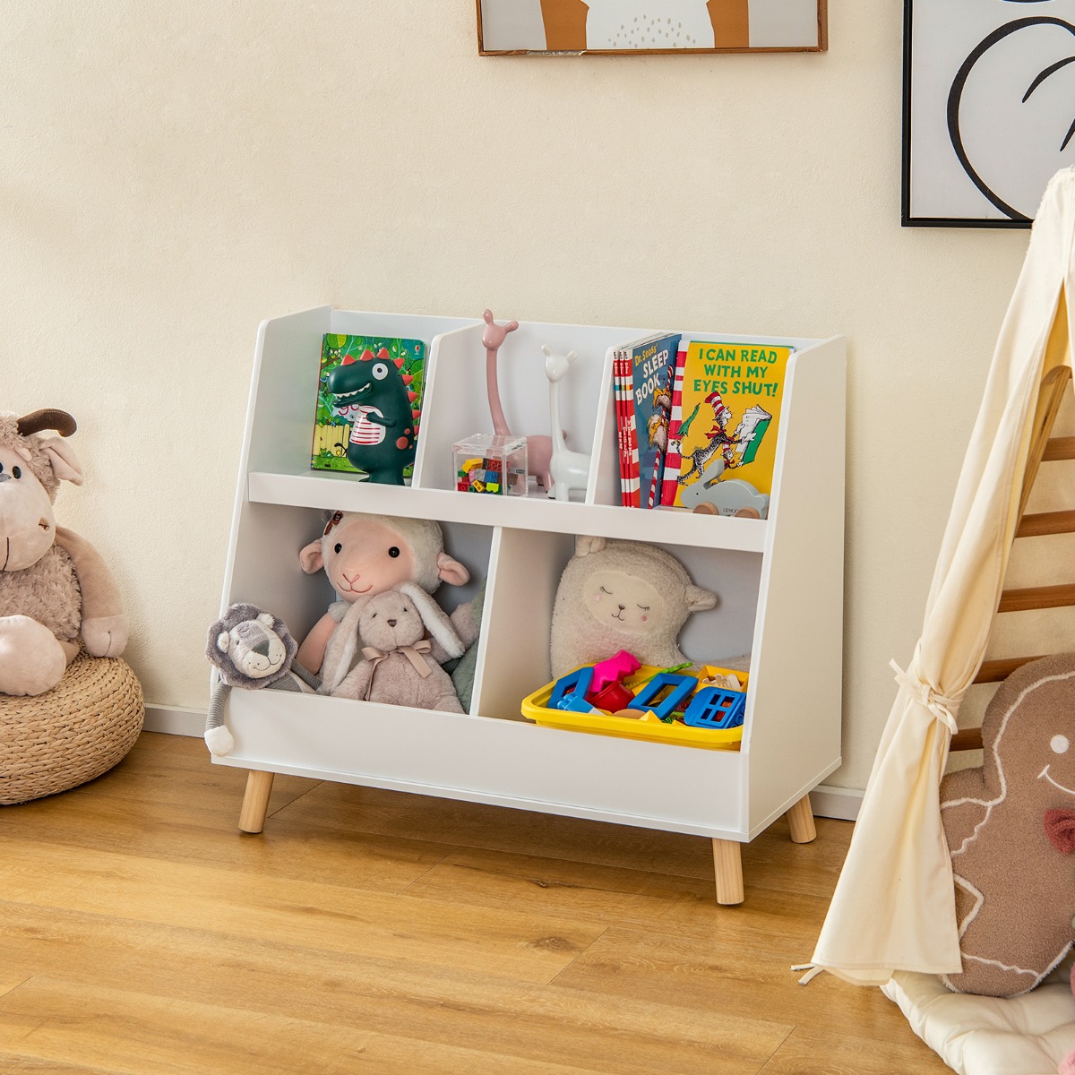 Kinderregal mit 5 offenen Fächern Bücherregal Kinder Kinderzimmerregal mit Massivholzbeinen Weiß