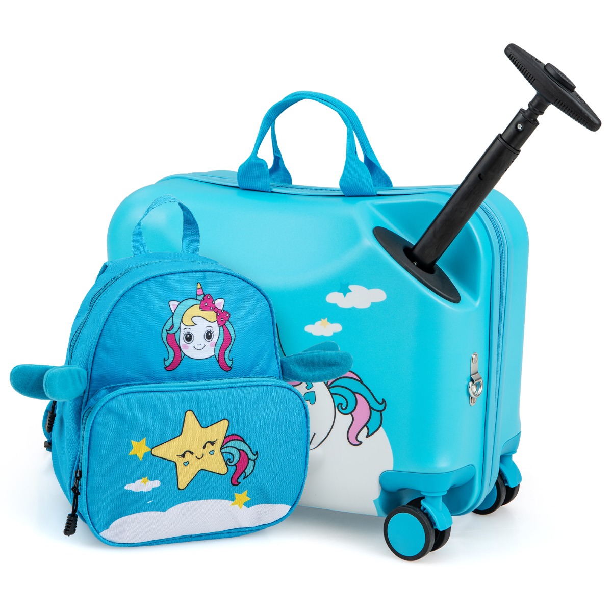 2tlg Kinderkoffer + Rucksack 47 cm Langer Aufsitzkoffer und 30 cm Breiter Rucksack Blau Einhorn