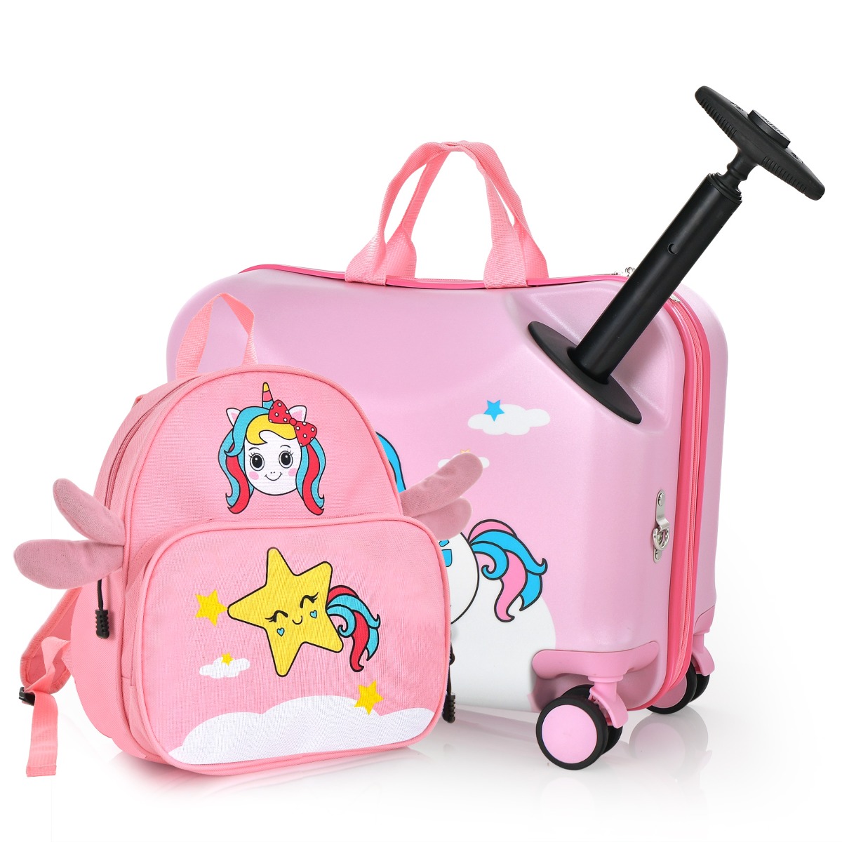 2tlg Kinderkoffer + Rucksack 47 cm Langer Aufsitzkoffer und 30 cm Breiter Rucksack Rosa Einhorn