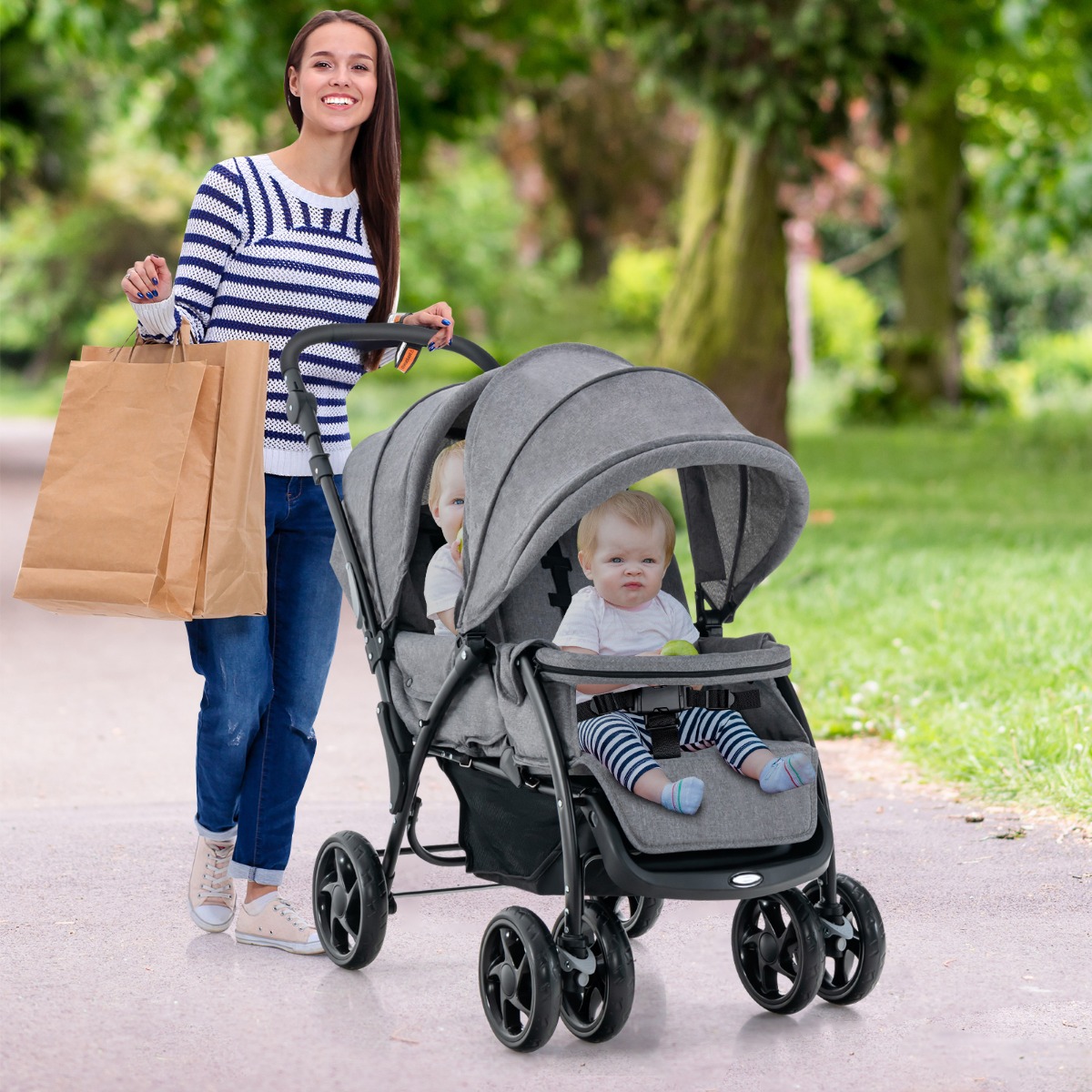 Geschwister Kinderwagen Faltbarer Geschwisterwagen Zwillingswagen Zwillingsbugg Grau