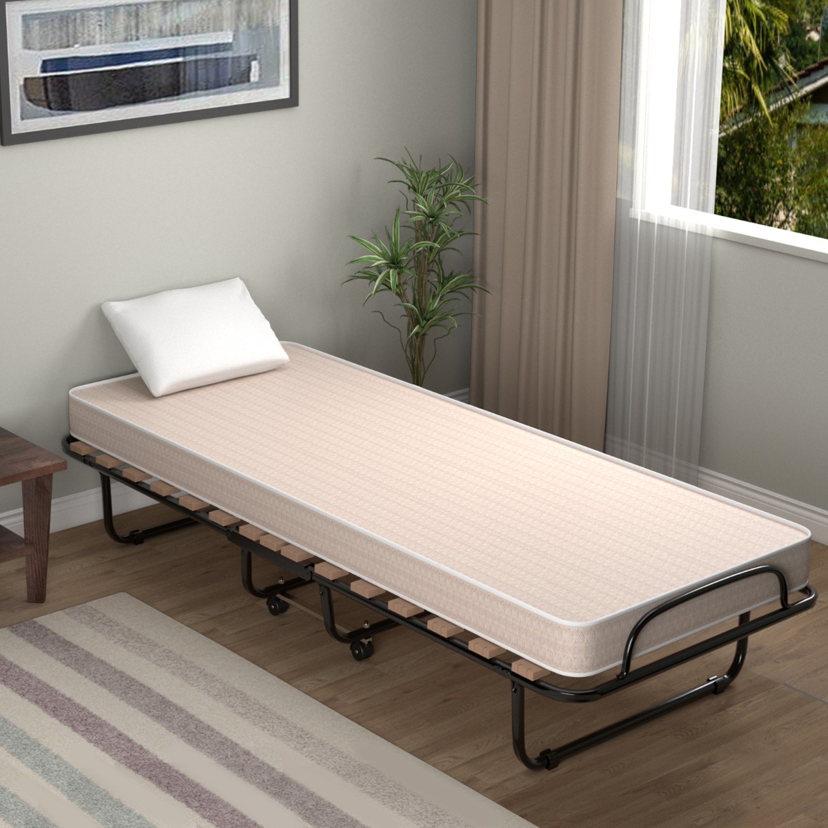 190 x 80 x 33 cm Klappbett mit Matratze trag- und rollbares Gästebett Hergestellt in Italien Beige