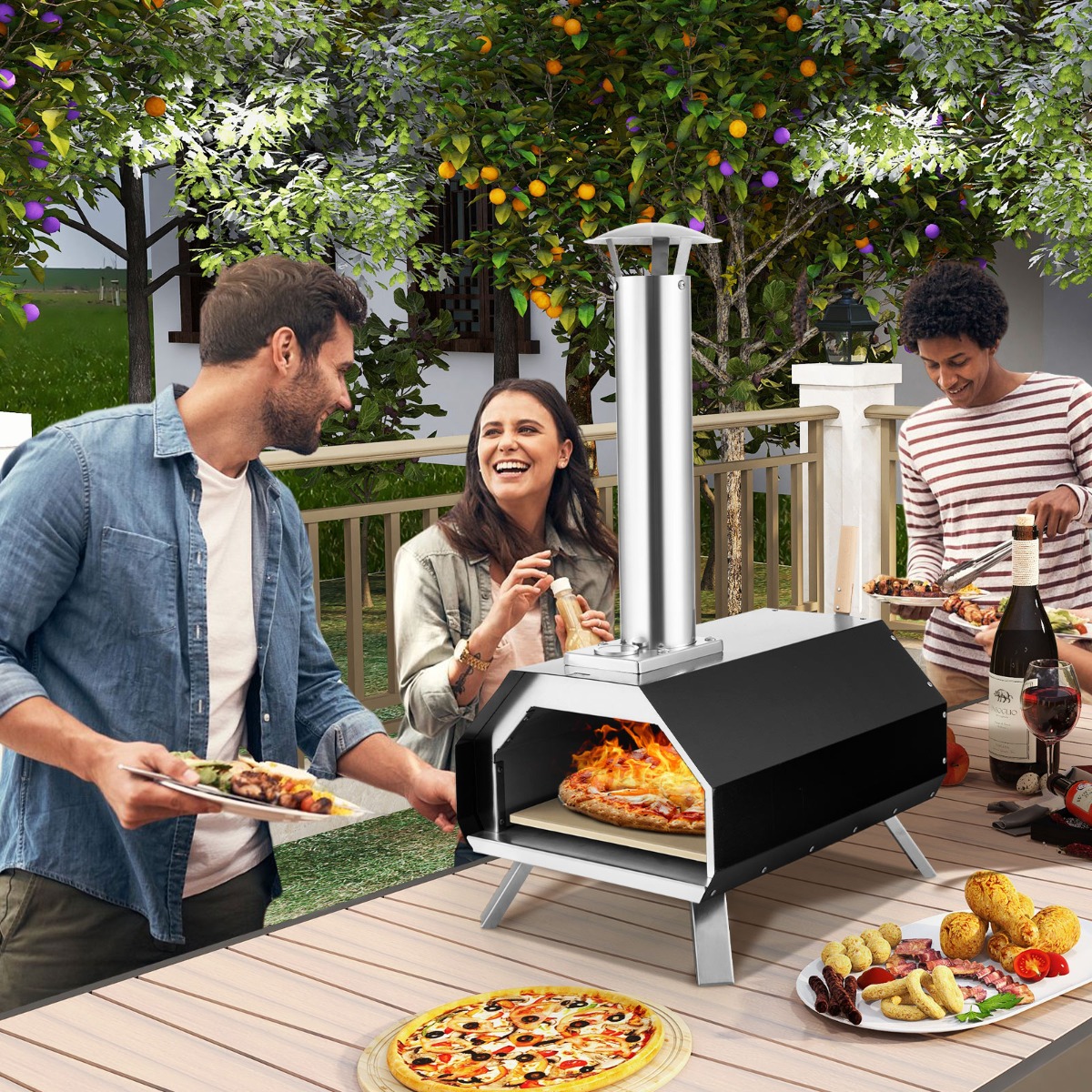 Outdoor Pizzaofen mit Pizzastein & Pizzaschaufel & Thermometer & Klappbaren Beinen