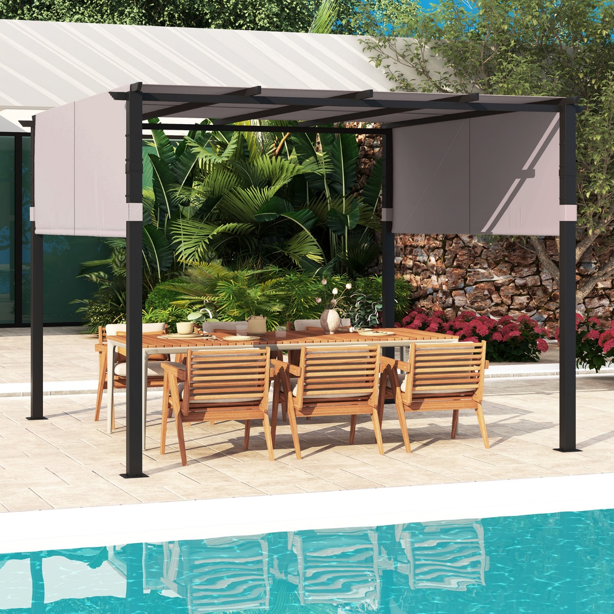 Pergola mit 2 verstellbaren Dächern 3,05×3,05m Pavillon wasserdicht stabil Winterfest Grau