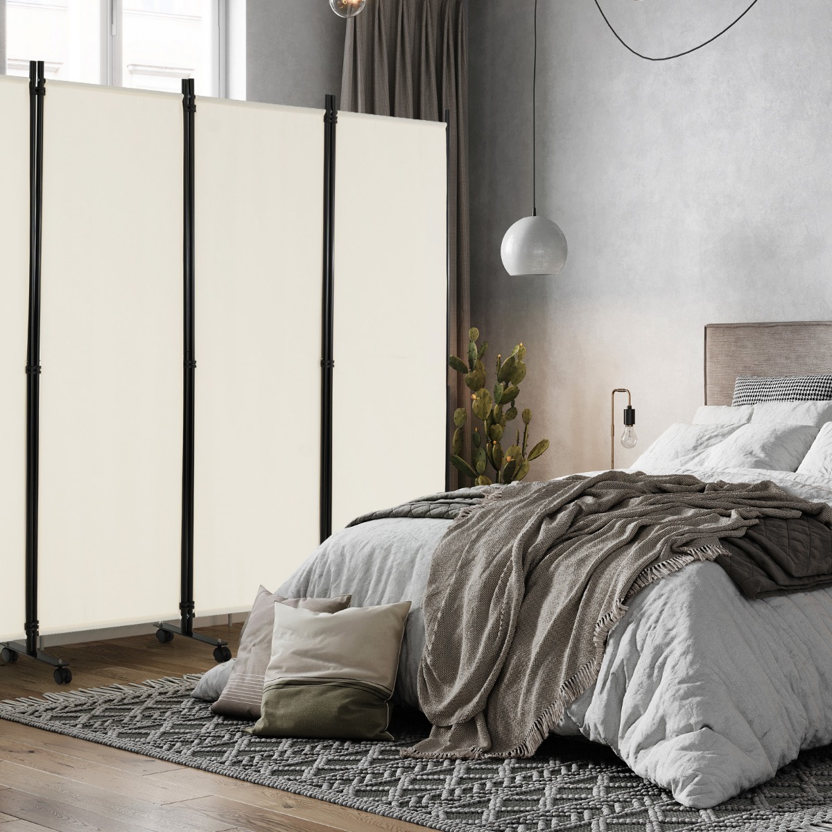 6-Teiliger Faltbarer Raumteiler 172 cm Hoher Sichtschutz mit Feststellbaren Rädern Beige