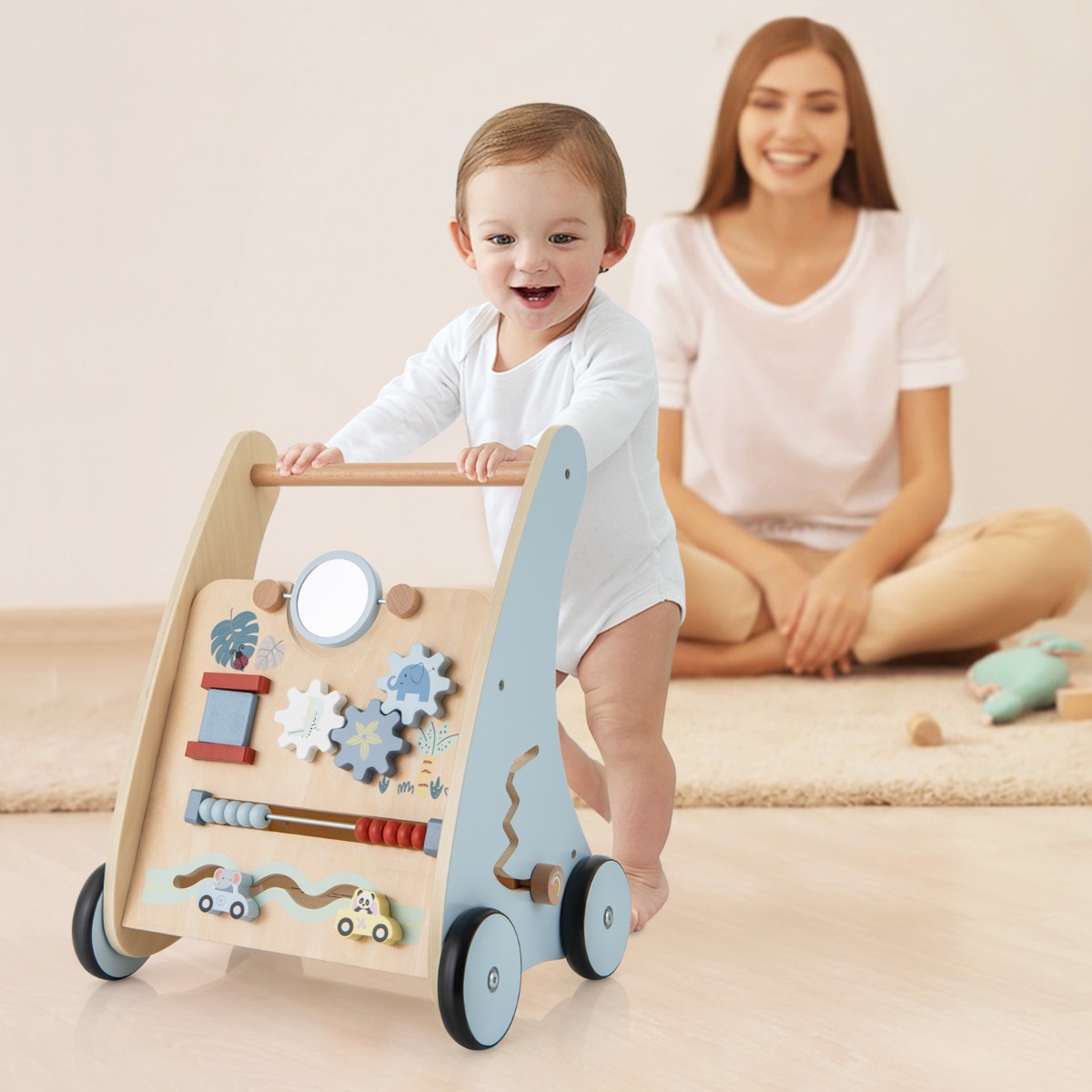 Holz Baby Lauflernhilfe mit Multi Aktivitätslernzentrum Montessori Schiebelauflernhilfe