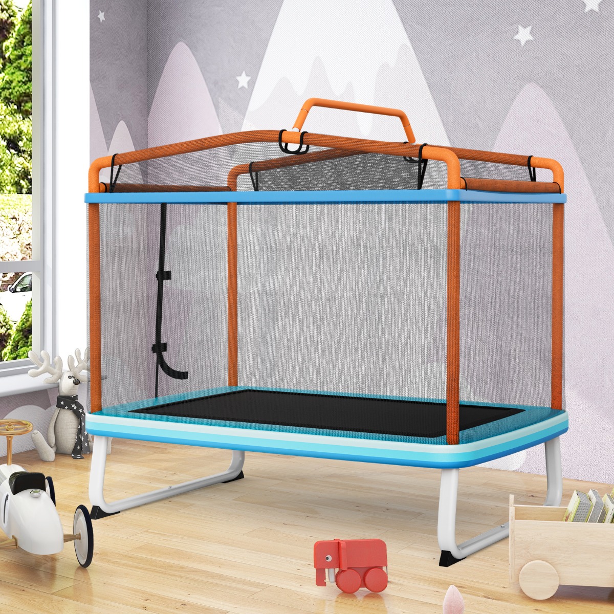 Rechteckiges 3-in-1-Trampolin für Kinder 190 x 124 cm großes Freizeittrampolin mit Netz Blau + Orange