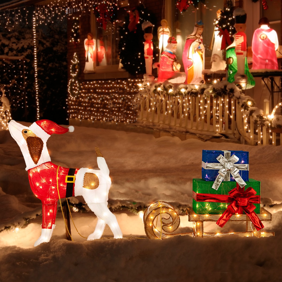 Hund mit Schlitten und Geschenkboxen Weihnachtsdeko mit 170 Warmen LED Lichtern