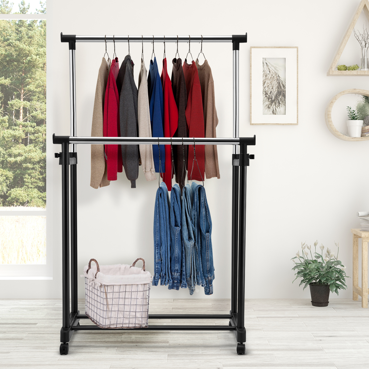 Kleiderständer Höhenverstellbarer Garderobenständer Rollgarderobe mit Rollen Schwarz 86 x 43 x 94-168 cm