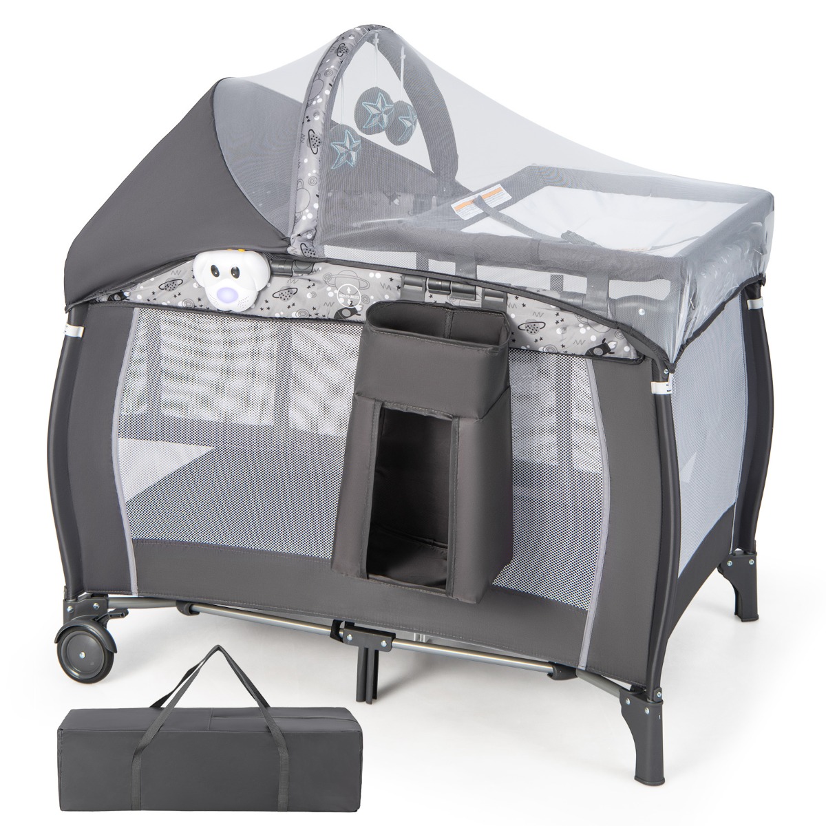 4 IN 1 Babybett Tragbares Beistellbett Reisebett mit Faltbaren Matratze & Wickeltisch Hellgrau