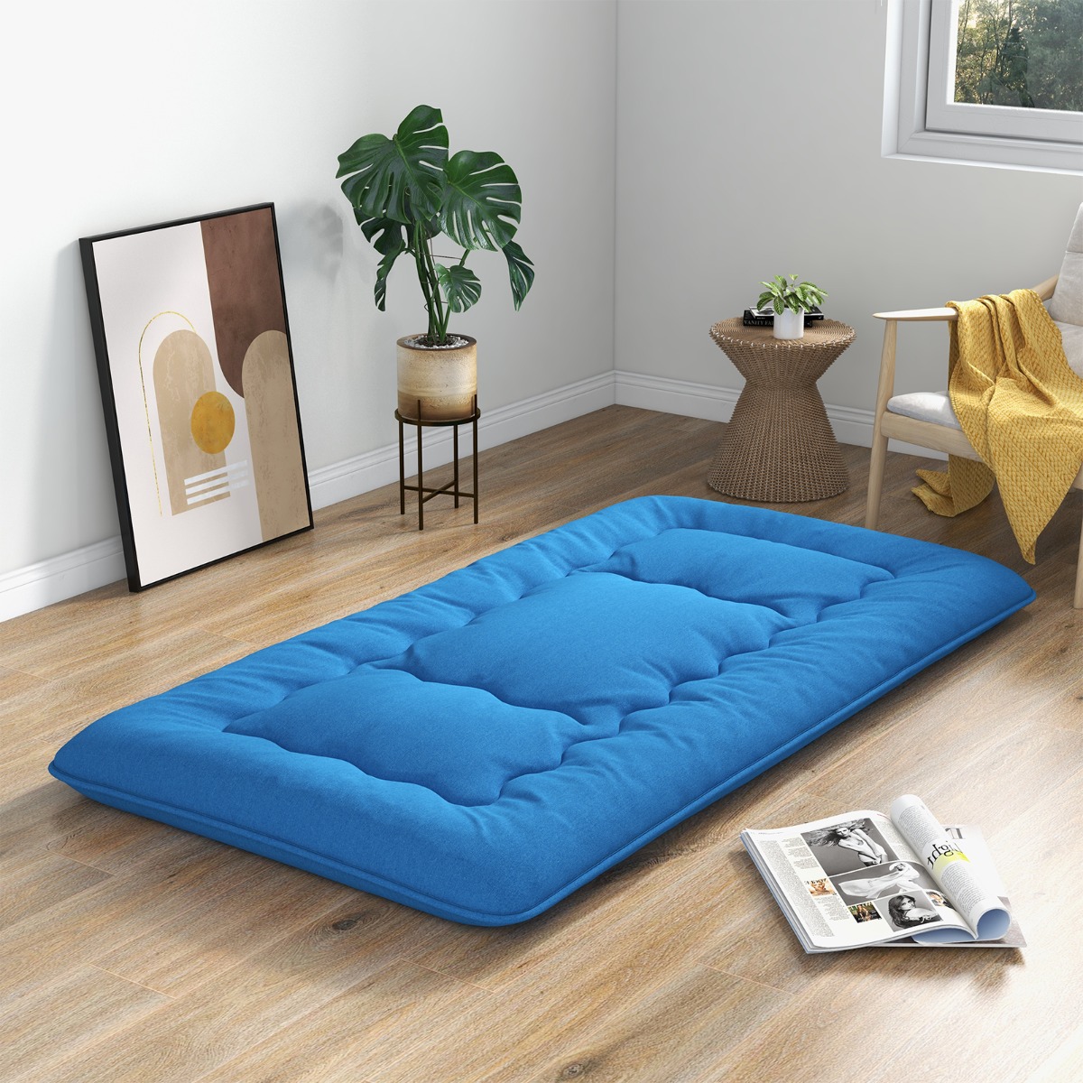 90 x 200 cm Japanische Futon Matratze mit Waschbarem Bezug & Tragetasche Tatami-Matte Blau