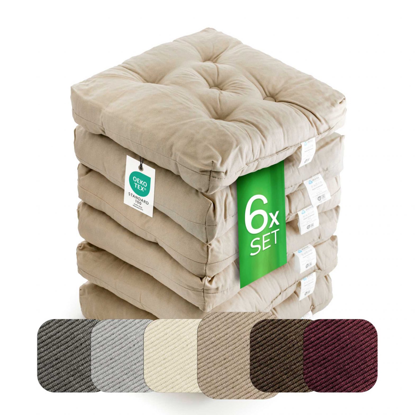 etérea Heidi Sitzkissen für Innen- und Außenbereich 42×42 cm Taupe 6er Set