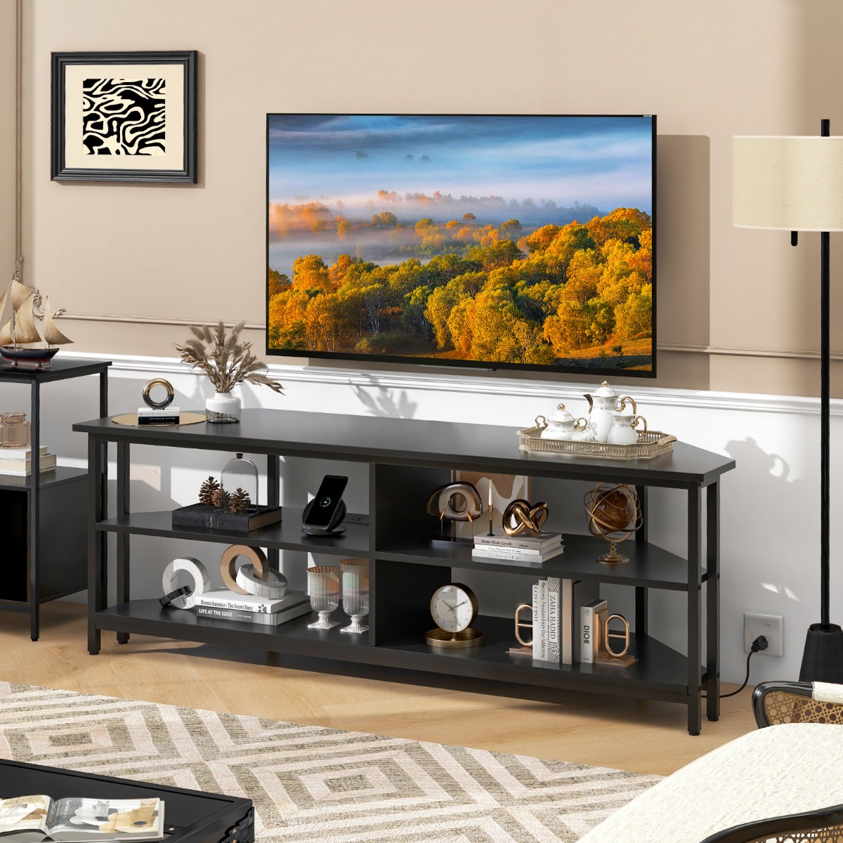 Eck-TV-Schrank mit Ladestation & Ablageflächen TV Lowboard für TVs bis 65 Zoll Fernsehschrank Schwarz