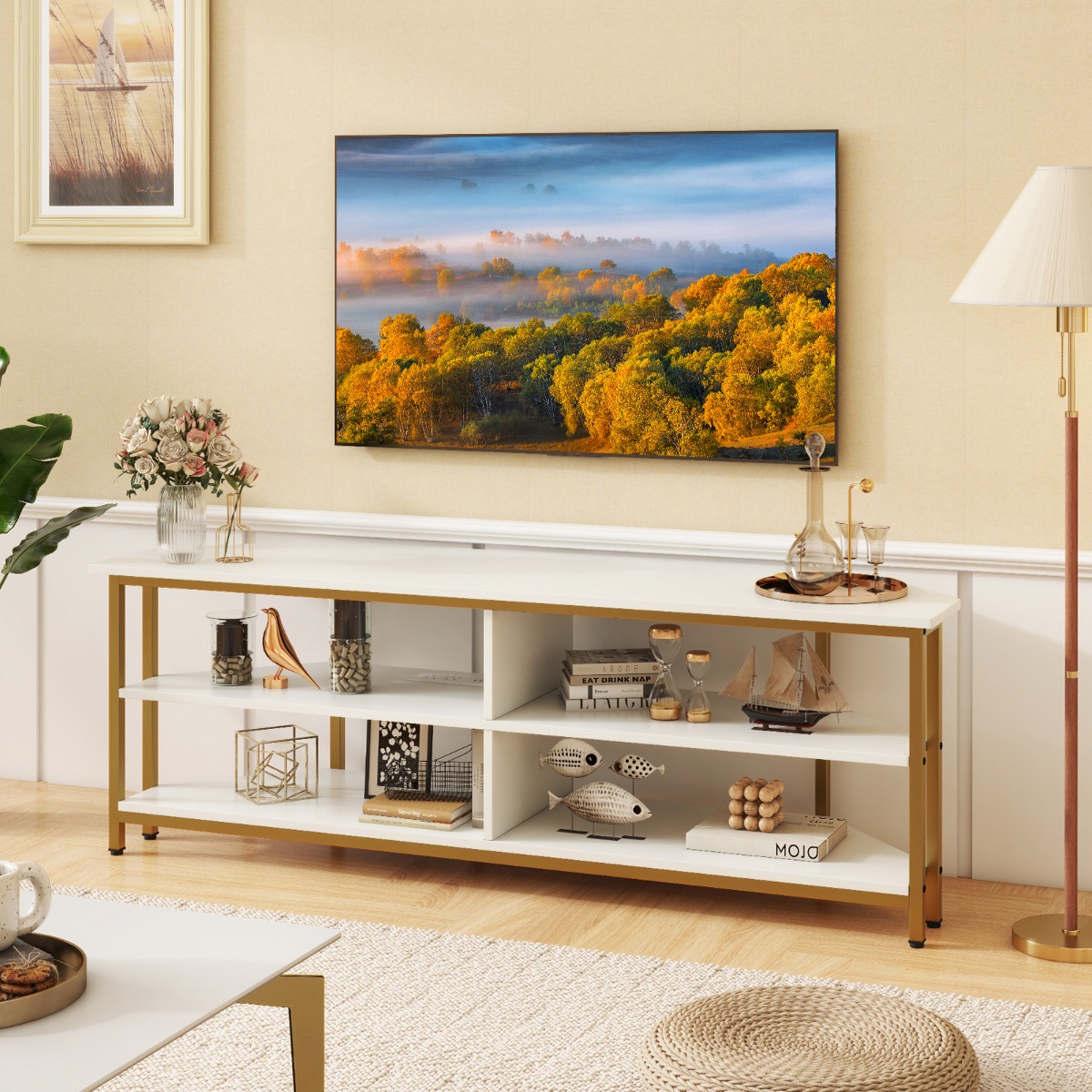 Eck-TV-Schrank mit Ladestation & Ablageflächen TV Lowboard für TVs bis 65 Zoll Fernsehschrank Weiß