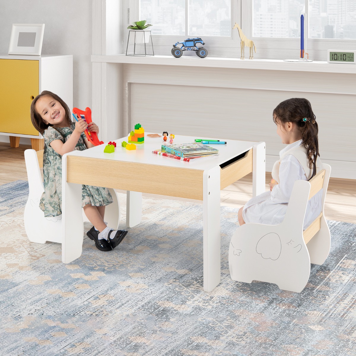 4 in 1 3tlg. Kindersitzgruppe aus Holz mit Abnehmbarer Tafel & Stauraum Weiß