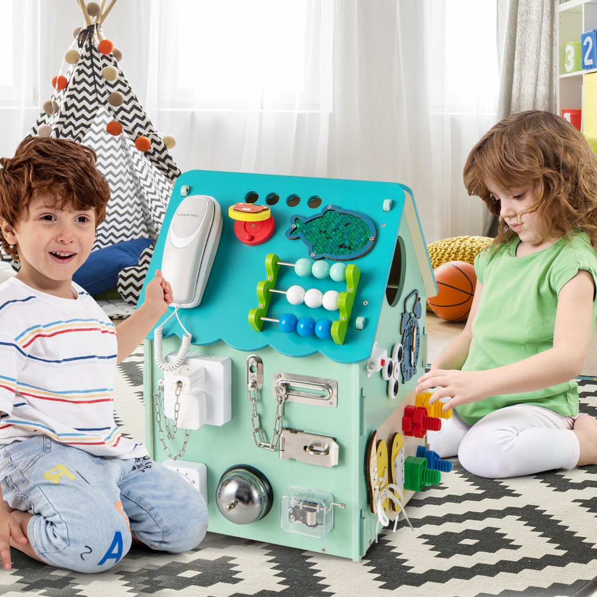 Kinder Spielhaus aus Holz mit Sinnesspielen und Stauraum für Kinder ab 3 J. Blau