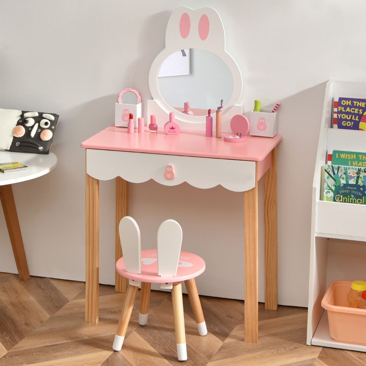 Kinder Schminktisch mit Hocker Prinzessin Schminkkommode 60 x 34 x 103 cm Rosa + Weiß