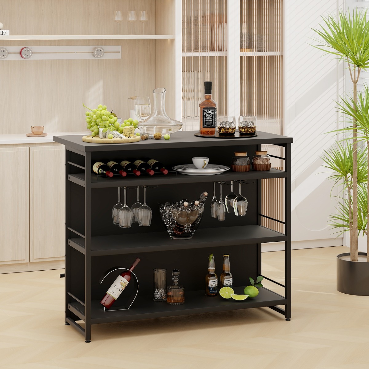 Hausbar Schrank mit 4 Offenen Ablagen & Weinregal & Gläserhalter Küchenregal Schwarz