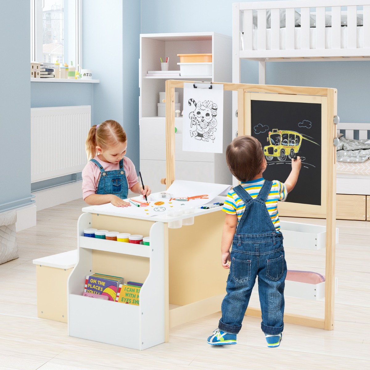 6 in 1 Kinder Staffelei Set Standtafel aus Holz mit doppelseitiger Kreidetafel Weiß