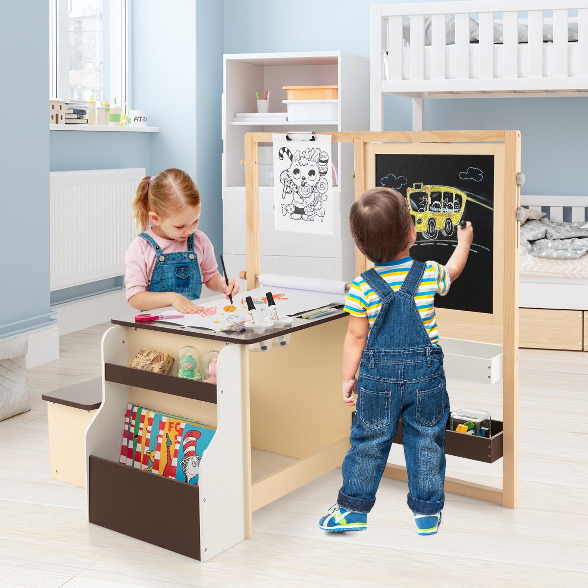 6 in 1 Kinder Staffelei Set mit Doppelseitiger Kreidetafel & Whiteboard & Papierrolle Kaffee