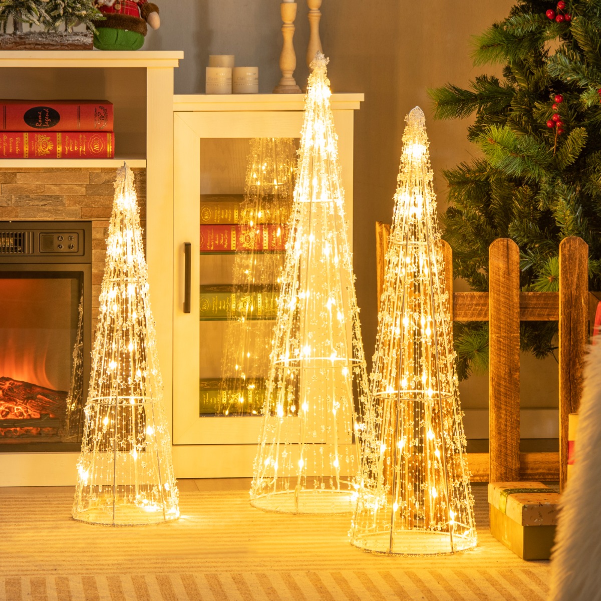 3er LED Weihnachtsbaum Kegelform mit Lichterkette & Sternschnüren Beleuchtete Weihnachtsdeko