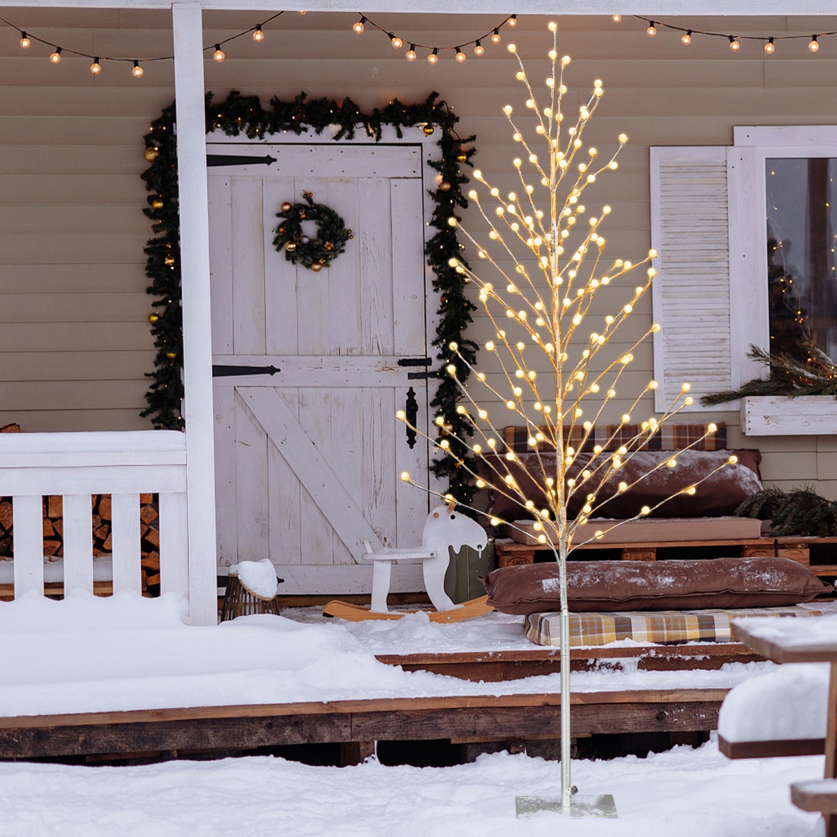 155 cm LED Lichterbaum mit Warmweißen LED-Leuchten & Metallständer Birkenbaum Silber