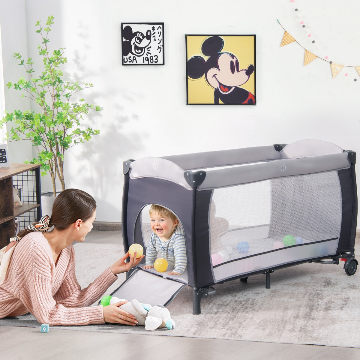 4 in 1 Klappbares Reisebett & Babywiege 123 x 63 x 76 cm Grau