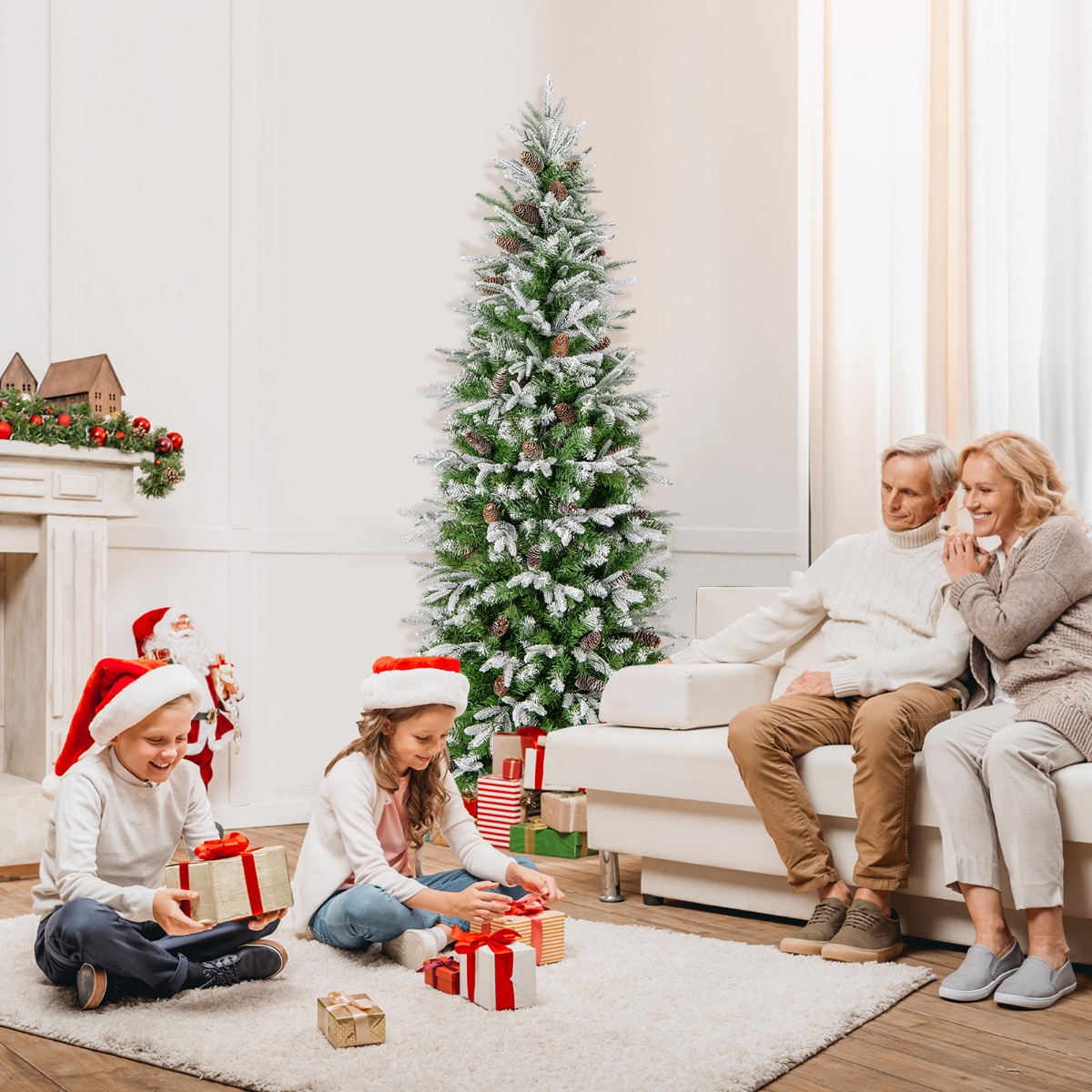 190 cm Künstlicher Weihnachtsbaum mit Beleuchtung und Schnee Kunstbaum Weihnachten für Zuhause Grün+Weiß