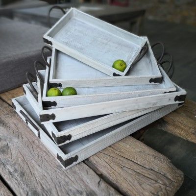 6er Set Tabletts, rechteckig, weiß-gewischt, Holzvon Zauberblume