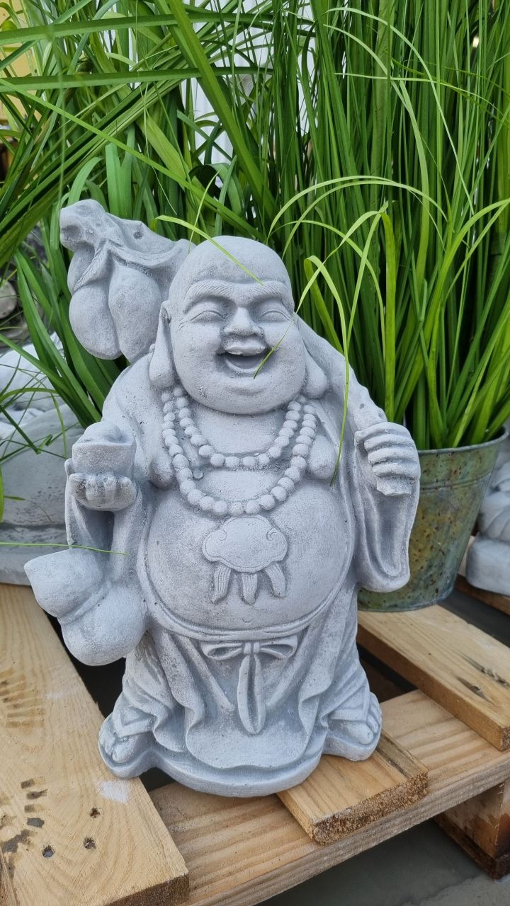 Gartenfigur Buddha, „Hoeti“,stehend, klein, antik grau