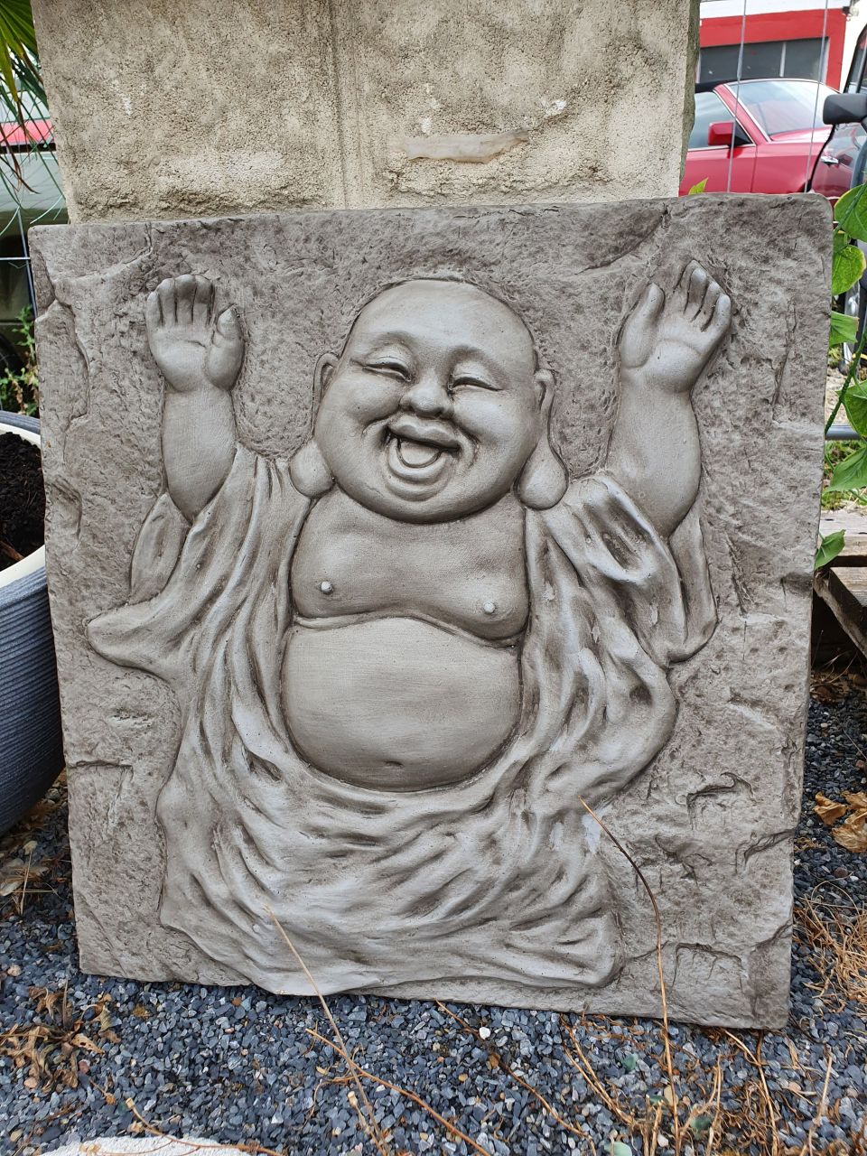 Gartenfigur Buddha Relief, verschiedene Farben