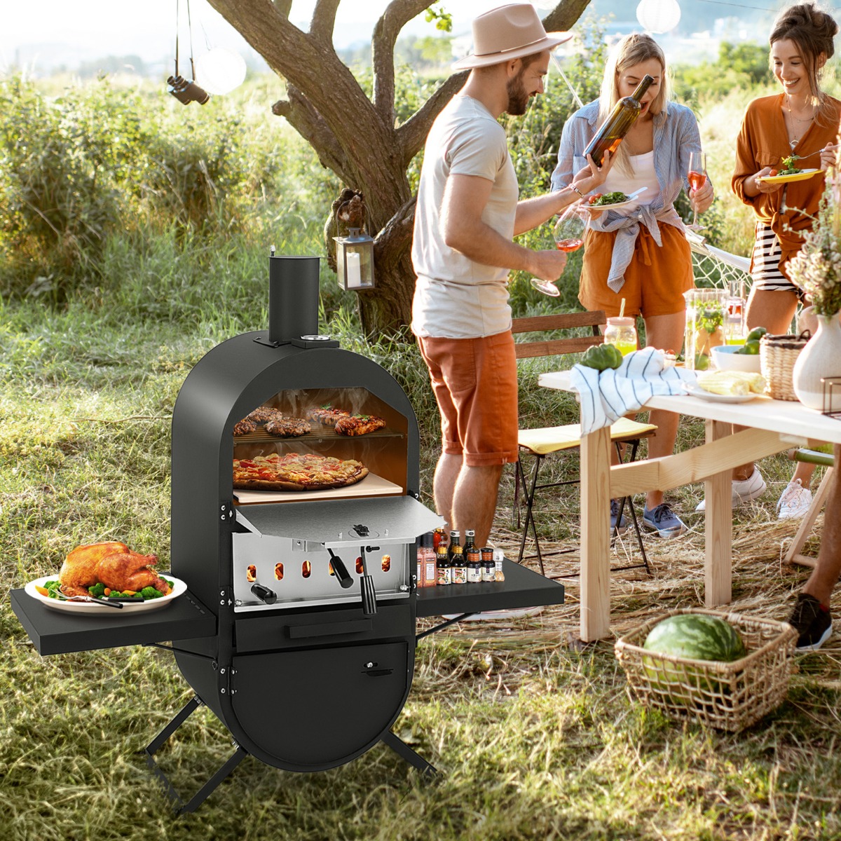 Pizzaofen Outdoor Pizzaofen mit Seitenablagen Grillrost aus Edelstahl Pizzaschaufel für Garten