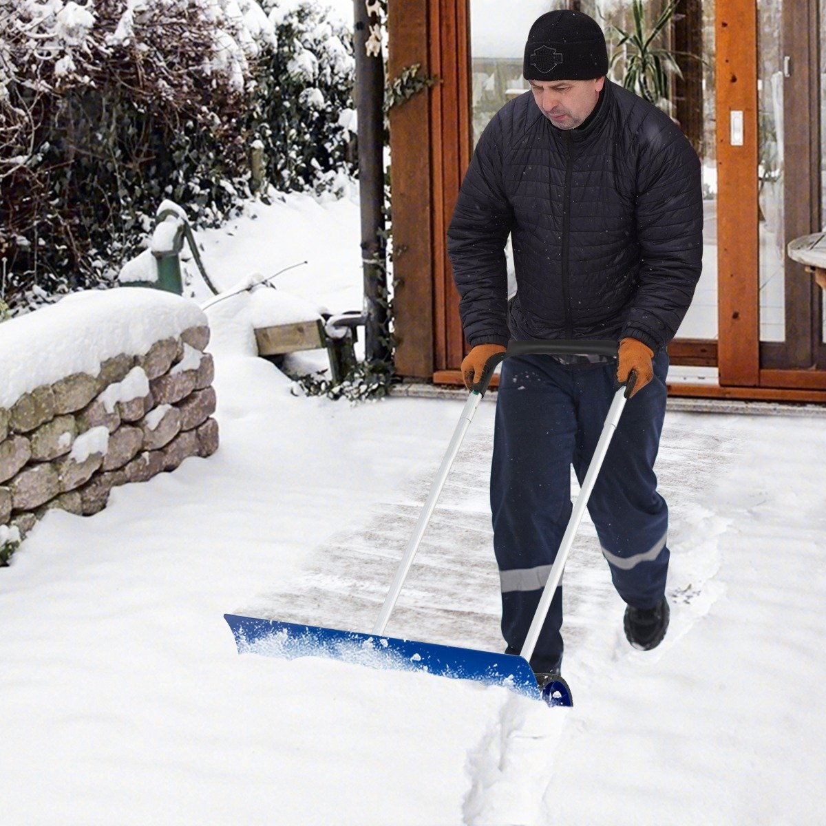 Schneeschaufel auf Rädern mit Beidseitig Geneigter Klinge Höhenverstellbarer Schneeschieber